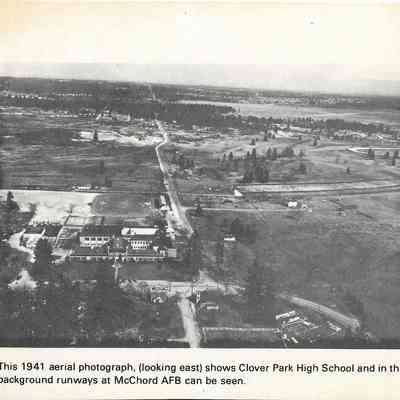 Aerial photograph showing Clover Park High School and in the background runways at McChord AFB 1941