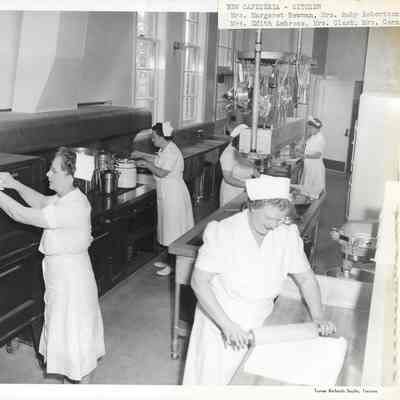 New Cafeteria kitchen, with Mrs. Margaret Newman, Mrs. Ruby Robertson, Mrs. Edith Ambrose, Mrs. Clark, and Mrs. Corn