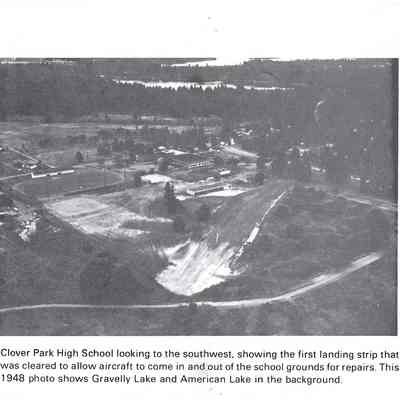 Aerial shot of Clover Park High School looking southwest showing the landing strip on school grounds