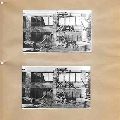 Two identical pictures of scaffolding leaning against brick wall with no ceiling