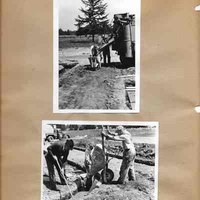 Two close-up shots of construction workers loading and laying cement with wheelbarrows