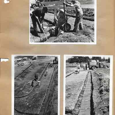 Three photos of construction workers at Lake City School laying cement for building foundation