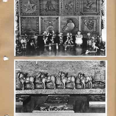 Two pictures of pieces from wood carving class exhibition including horse drawn carving and various figurines