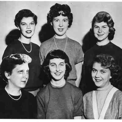 Six young beauty contestants, including Rita Gardner, with one appearing to be edited in