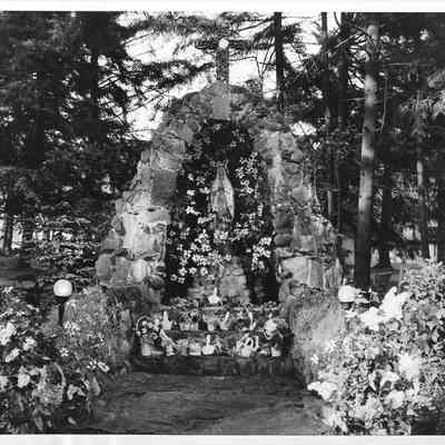 Visitation Villa grotto and Mary shrine with May baskets