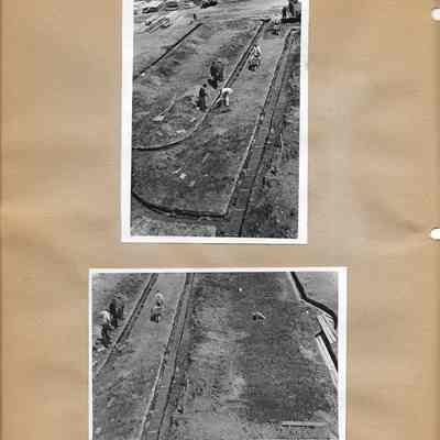 Two photos of workers laying foundation at Lake City School 1942