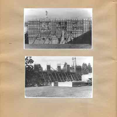 Two photos of scaffolded walls in partially built state