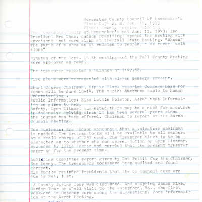 Minutes, Worcester County Homemakers Clubs, 1973-1977