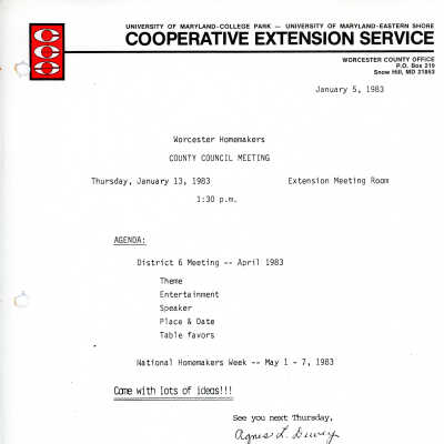 Minutes, Worcester County Homemakers Clubs, 1983-1986