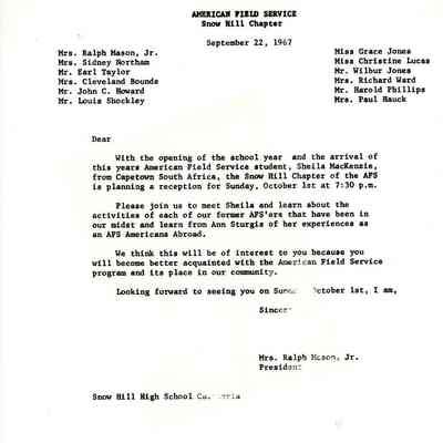 Newsletter, American Field Service, regarding Sheila McKenzie, 1967