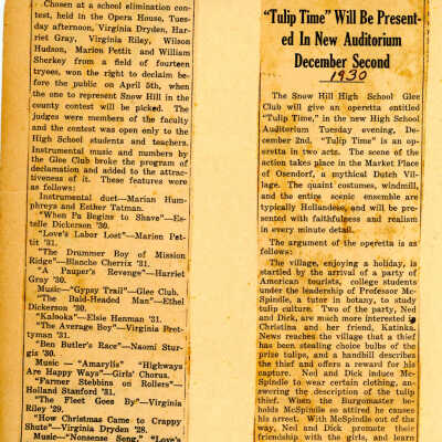 Newspaper clipping, “’Tulip Time’ will be Presented in New Auditorium December Second”, 1930
