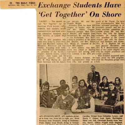 Newspaper clipping, “Exchange Students Have ‘Get Together’ On Shore,” Nov 1973