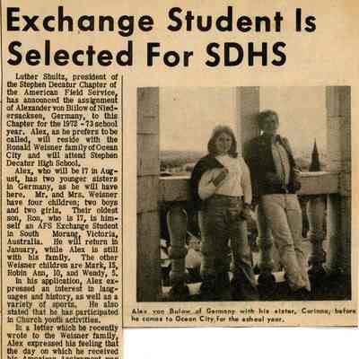 Newspaper clipping, “Exchange Student is Selected for SDHS” (Alexander von Bulow), 1972