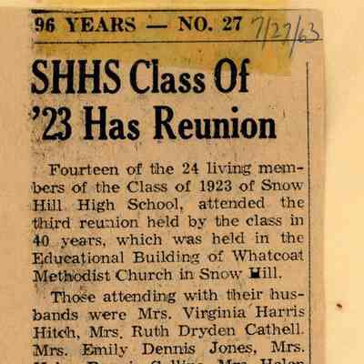 Newspaper clipping, “SHHS Class of ’23 Has Reunion”, July 18, 1963