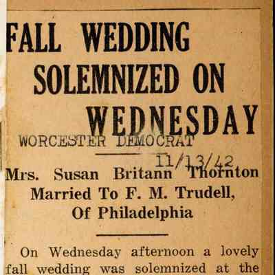 Newspaper clipping, "Fall Wedding Solemnized on Wednesday," Nov. 13, 1942