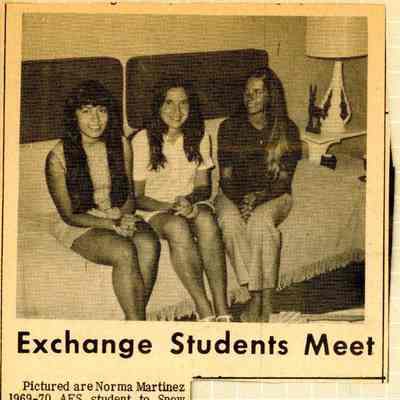Newspaper clipping, “Exchange Students Meet” (Norma Martinez, Graciela Luisetti, Lee Shockley), 1970