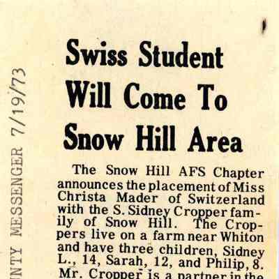Newspaper clipping, “Swiss Student Will Come to Snow Hill Area” (Christa Mader), July 19, 1973