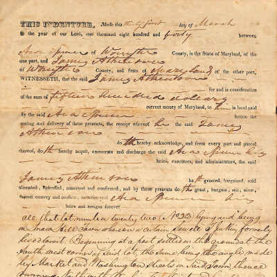 Indenture, Ara Spence and James Atkinson, 1840