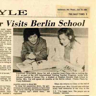 Newspaper clipping, “Chinese Teacher Visits Berlin School,” Jan. 19, 1984