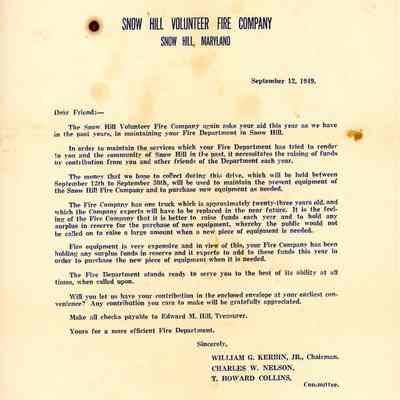 Fundraising letter, Snow Hill Volunteer Fire Company, Sept. 1949