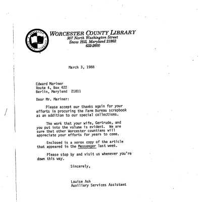Correspondence, Louise Ash to Ed Mariner re: scrapbook, Mar. 3, 1988