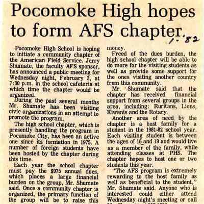 Newspaper clipping, “Pocomoke High hopes to form AFS chapter,” Jan. 1982
