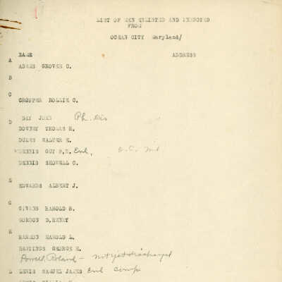 List of Men Enlisted and Inducted from Ocean City, Maryland, World War I
