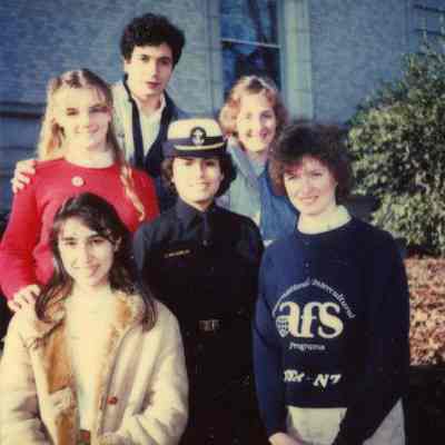 Photograph of Rita Barchetti, Leslie Murray, Janette, Nelson Hincatie, Susan Gibb, Ann Glovier, and Carmen Graciela Melgarejo at Naval Academy, Jan 1984