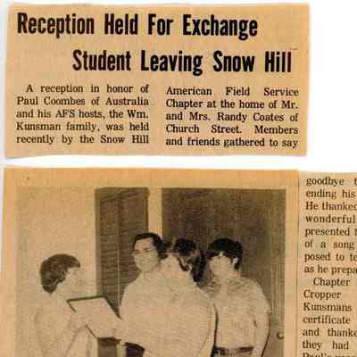 Newspaper clipping, “Reception held for Exchange Student Leaving Snow Hill” (Paul Coombes), 1977