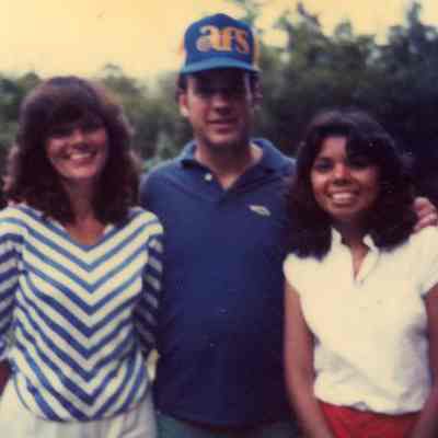 Photograph of Lilia Palamo and two unknown people at AFS Farewell Picnic, Jun 1982
