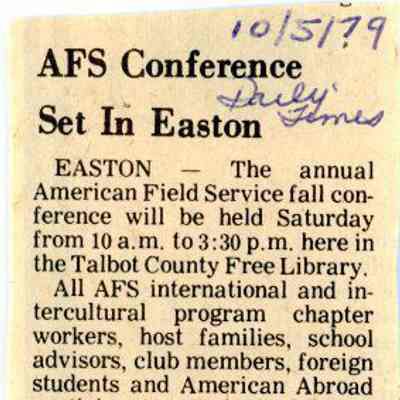 Newspaper clipping, “AFS Conference Set in Easton,” Oct. 5, 1979