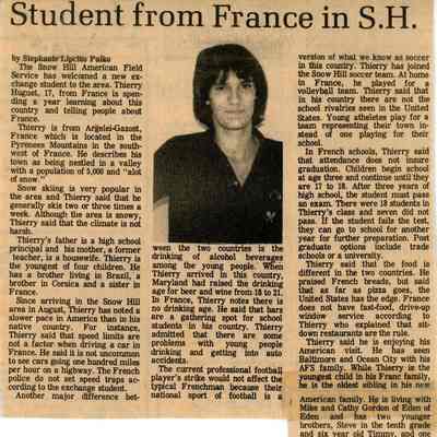 Newspaper clipping, “Student from France in S.H.,” Sept. 30, 1982
