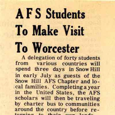 Newspaper clipping, “AFS Students to Make Visit to Worcester” May 23, 1974