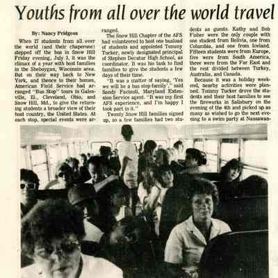 Newspaper clipping, “Youths from all over the world travel for week’s stay in Snow Hill”