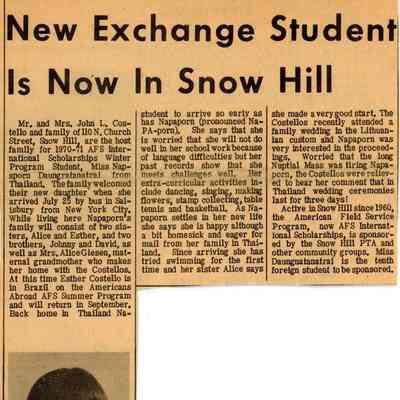 Newspaper clipping, “New Exchange Student is Now in Snow Hill” (Napaporn Daungratantrai ), Aug. 12, 1970