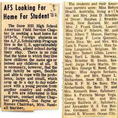 Newspaper clipping, “AFS Looking for Home for Student,” Jan. 10, 1973