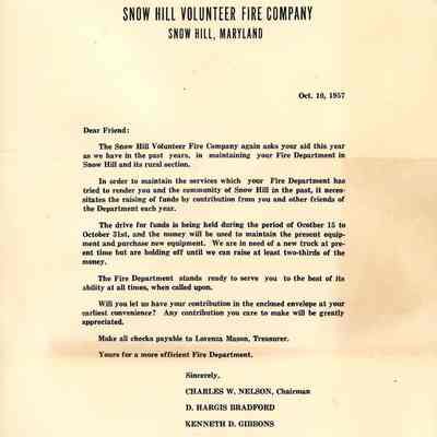 Fundraising letter, Snow Hill Volunteer Fire Company, Oct. 1957