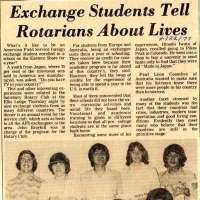 Newspaper clipping, “Exchange Students Tell Rotarians About Lives,” Apr 1977