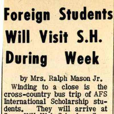 Newspaper clipping, “Foreign Students Will Visit S.H. During Week”
