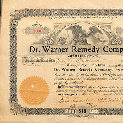 Stock Certificate, Dr. Warner Remedy Co., 1905