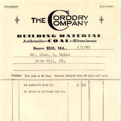 Statement and envelope, The Corddry Company, Feb. 1950