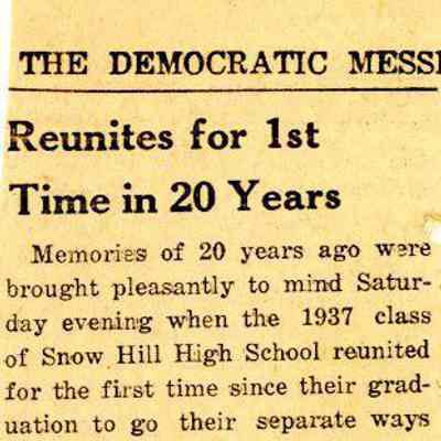 Newspaper clipping, “Reunites for 1st Time in 20 Years," 20th Reunion of Snow Hill High School Class of 1937, 1957