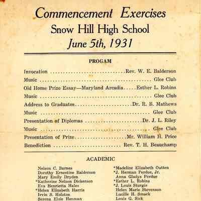 Commencement Program, Snow Hill High School, 1931