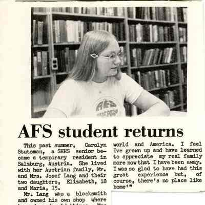 Newsletter clipping, The Eagle, “AFS Student returns” (Carolyn Stutsman), Oct. 3, 1973