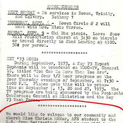 Program, Church announcement about Christa Mader 1973