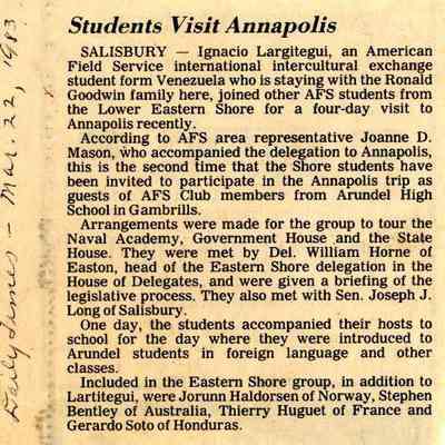 Newspaper clipping, “Students Visit Annapolis,” Mar. 22, 1983