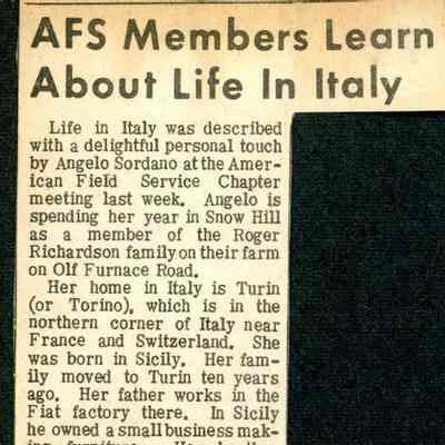 Newspaper clipping, “AFS Members Learn About Life in Italy,” 1972-1973