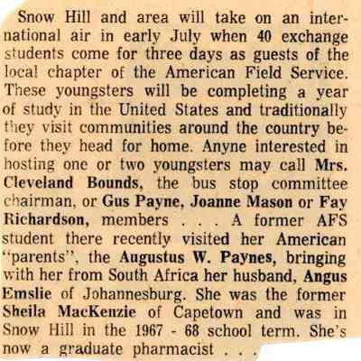 Newspaper clipping, AFS visit and Sheila MacKenzie