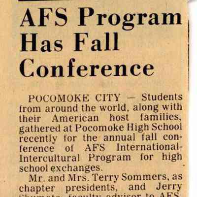 Newspaper clipping, “AFS Program Has Fall Conference,” Oct. 15, 1985