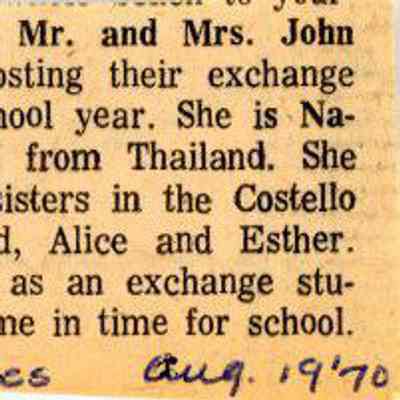 Newspaper clipping, “People Patter” about Napaporn Daungratantrai, Aug. 19, 1970